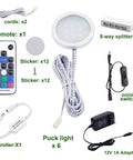 Rgb Color Changing Led Under Cabinet Lights Kit With Wireless Remote Dimmable Six Puck Lamps components displayed.