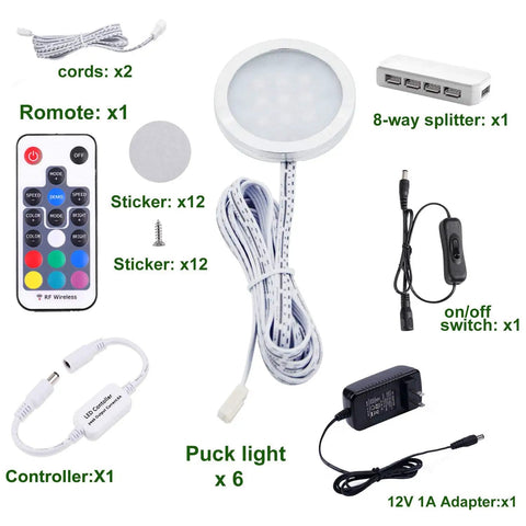 Rgb Color Changing Led Under Cabinet Lights Kit With Wireless Remote Dimmable Six Puck Lamps components displayed.