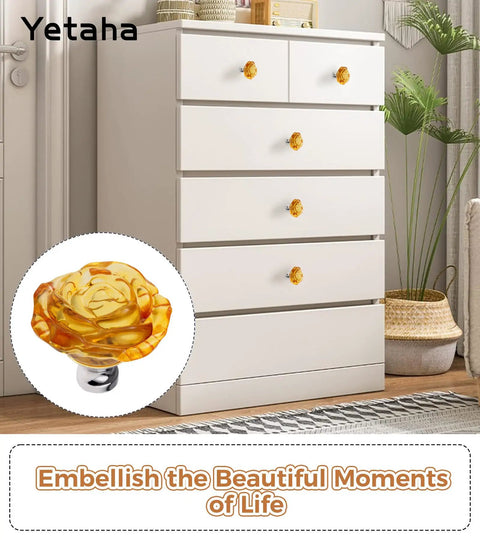 Yellow Crystal Rose Shaped Glass Cabinet Knobs 5 Pack With Screws Easy Install on white dresser in modern room.
