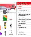 Heavy Duty 110 Volt Electric Hoist Winch With 2200 Lb Capacity, detailed view of components including motor, wire rope, and control panel.