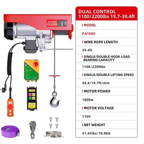 Heavy Duty 110 Volt Electric Hoist Winch With 2200 Lb Capacity, detailed view of components including motor, wire rope, and control panel.