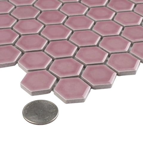 Tribeca 1 Inch Hex Glossy Blush Porcelain Tile For Floors And Walls, Mesh-Mounted Mosaic with coin for size comparison