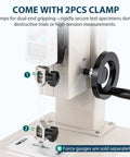 Manual Force Gauge Stand With Hand Wheel Control Eight Point Six Inch Stroke Beefy One Thousand Newtons Load Capacity Includes Two Testing Clamps Compression And Tension Testing For ZMF And EF Force Gauges, steel frame with two clamps