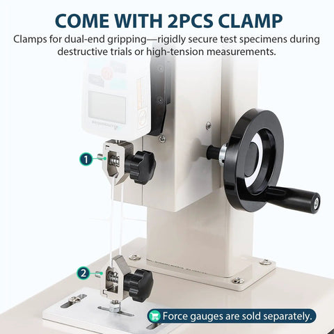 Manual Force Gauge Stand With Hand Wheel Control Eight Point Six Inch Stroke Beefy One Thousand Newtons Load Capacity Includes Two Testing Clamps Compression And Tension Testing For ZMF And EF Force Gauges, steel frame with two clamps
