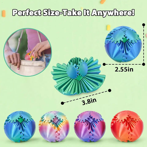Gear Ball Fidget Toys 4 Pack For Stress Relief And Focus 3D printed GearSphere spin cube multicolor balls size dimensions shown