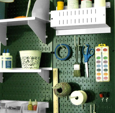 Green Metal Pegboard Set 2 Pack, 32x32 Inch Total Storage From Two 16x32 Panels with tools and supplies mounted