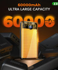 Massive 60000mAh Power Bank With 3 In 1 USB-C iOS Micro USB Cable And 22.5W Fast Charge shown in a glowing display