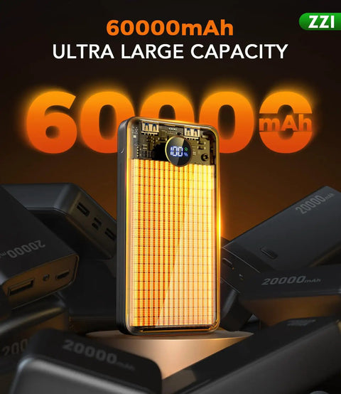 Massive 60000mAh Power Bank With 3 In 1 USB-C iOS Micro USB Cable And 22.5W Fast Charge shown in a glowing display