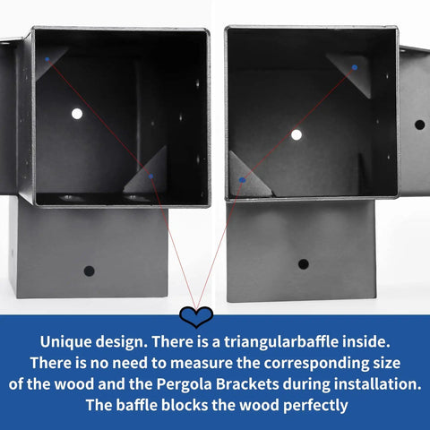 Close-up of Heavy Duty 4x4 Pergola Brackets Set For Outdoor DIY Install 3 Way Right Angle Corner Brackets In Black Powder Coated Steel