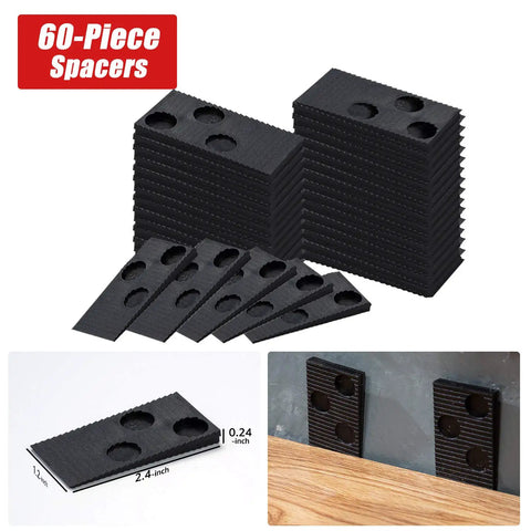 60 black spacers from the 64 Piece Pro Grade Laminate Flooring Installation Kit with Reinforced Double Faced Mallet Heavy Duty Pull Bar Tapping Block Foam Kneepads and 60 Spacers for Quick Clean Floor Installations.