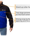 Flame Resistant FR Cotton Welding Jacket With Snap Front And Wrist Closures In Black And Blue, Size XXL, with stand-up collar and pockets.