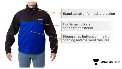 Flame Resistant FR Cotton Welding Jacket With Snap Front And Wrist Closures In Black And Blue, Size XXL, with stand-up collar and pockets.