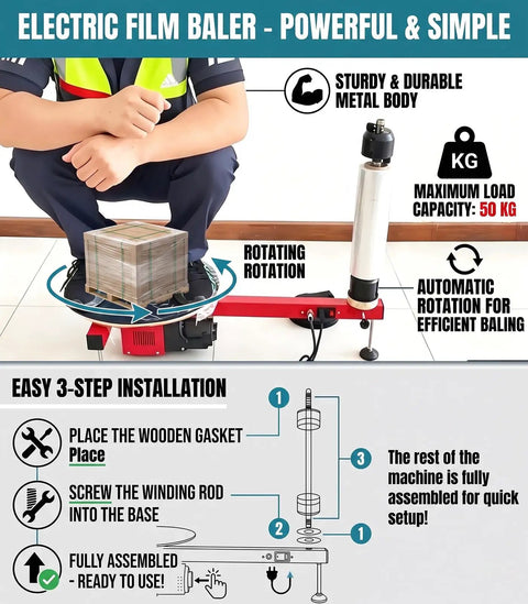Electric Film Baler showing sturdy metal body, automatic rotation capability, and handling 50kg loads for packaging efficiency.