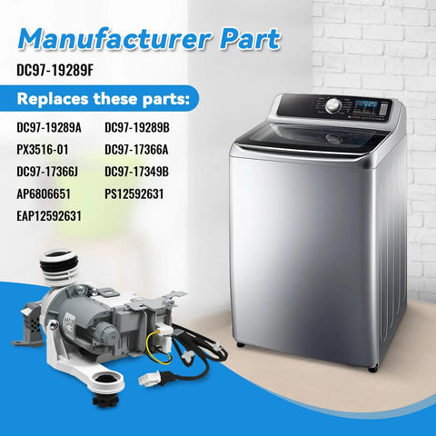 Premium Washer Drain Pump Assembly Replaces DC97 19289F PX3516 01 shown next to a modern washing machine.