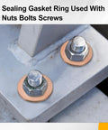 Heavy Duty Top Tier Copper Flat Washers M22 Drain Plug Gaskets shown sealing bolts with copper washers in a metal frame.