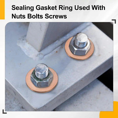 Heavy Duty Top Tier Copper Flat Washers M22 Drain Plug Gaskets shown sealing bolts with copper washers in a metal frame.