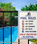 Two Pack Outdoor Pool Rules Signs 14x10 Inches Durable Aluminum Weatherproof And UV Protected Easy Mount For Pool Safety No Diving Watch Your Children Swim At Your Own Risk For Fences Or Decks installed on fence by pool