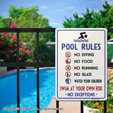 Two Pack Outdoor Pool Rules Signs 14x10 Inches Durable Aluminum Weatherproof And UV Protected Easy Mount For Pool Safety No Diving Watch Your Children Swim At Your Own Risk For Fences Or Decks installed on fence by pool