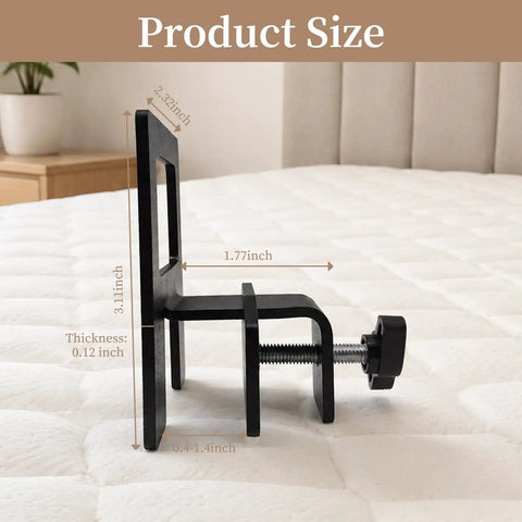 Six Pack Heavy Duty Mattress Slide Stoppers Lock Down Metal Beds Tight Adjustable Anti Slip Bed Grippers shown in size dimensions.