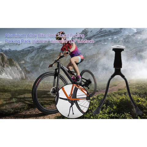 Double Leg Kickstand For Mountain And Road Bikes, Heavy Duty Bike Stand Mount Parking Rack next to mountain bike and rider