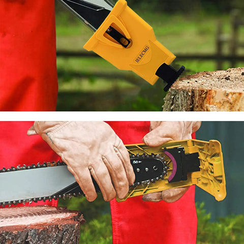 Portable Teeth Chainsaw Sharpener With Bar Mount for Fast Sharpening, two-hole bar, sharpening chainsaw on wood stump