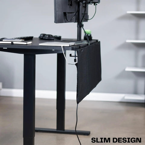 Clamp On 48 Inch Desk Skirt With Dual Top Cable Slots For Hidden Cable Management on black desk, showing sturdy clamp fit.