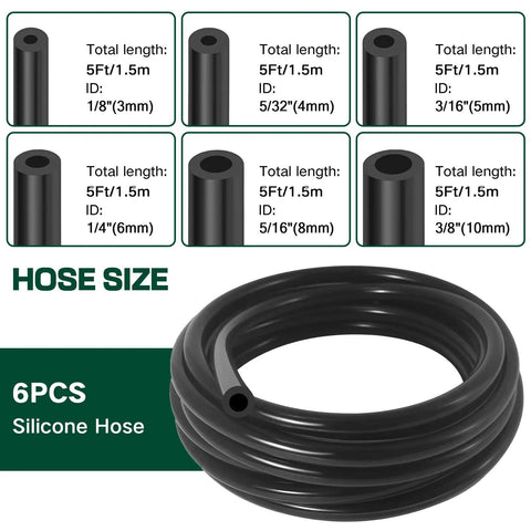 Garage-Ready Car Vacuum Hose Kit Set With 6 Five-Foot Hoses And 113 Connectors, shown with hose sizes and IDs