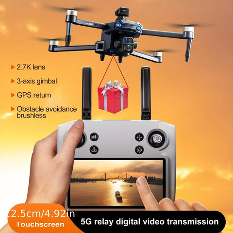 Beefy Payload Drone With 0.66 Lb Capacity, GPS Positioning, 4.92 Inch Touchscreen Remote, shown carrying a package in flight.