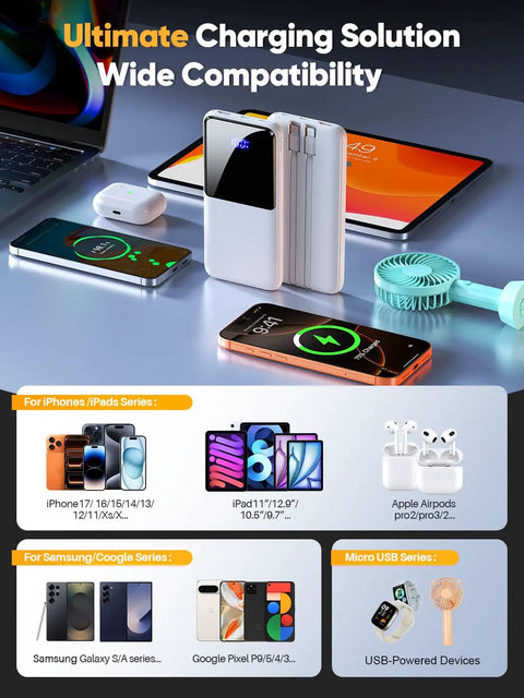 Portable Charger Power Bank With Built In Cable 15000mAh 22.5W Fast Charging for multiple devices displayed on table