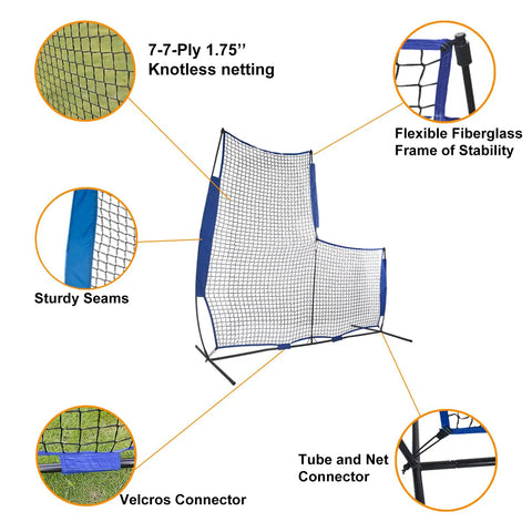 Baseball L Screen Pitching Net 7x7 Portable Pitcher Protector with knotless netting, fiberglass frame, and connectors, 84"x84"