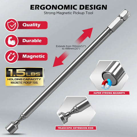 Extra Long Magnetic Nut Driver Set Dope Eleven Piece SAE One Quarter To Nine Sixteenth Inch Kit With Six Inch Nut Drivers PH Two Impact Bits Telescoping Magnetic Pickup Tool Magnetic Storage Rail One Quarter Inch Hex Shank S2 Steel For Automotive And