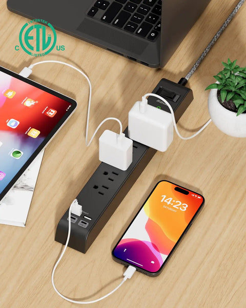Two Pack Surge Protector Power Strips With Six Outlets And Four USB Ports, devices connected, ETL listed, for home office use
