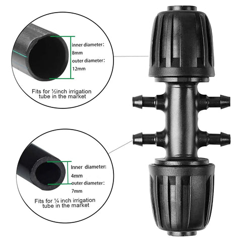 10 Pack Barbed Tee Irrigation Fittings For 1/3 Inch To 1/4 Inch Tubing, 6 Way Adapter, black, showing dimensions and connections