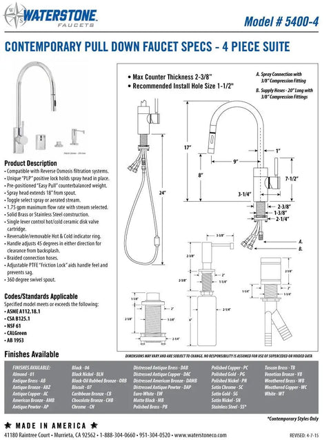 Slick Contemporary Pulldown Kitchen Faucet With Legit Four Piece Hardware Suite Finished In Distressed American Bronze specs diagram.