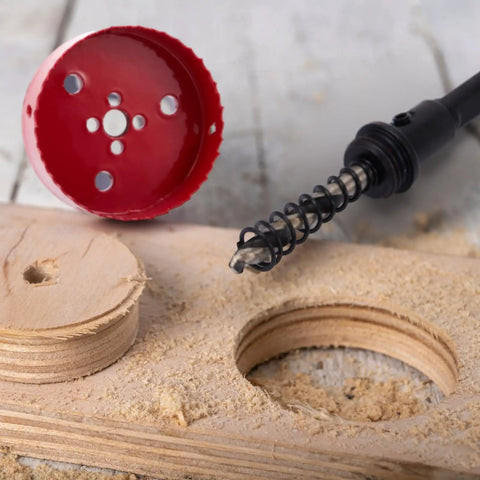 DIY Pro Grade Hole Saw Kit For Recessed And Can Lights 2, 3, 4, 6 Inch Bi Metal with cut plywood and drill bit visible