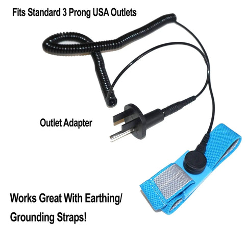 Banana Jack Outlet Plug Adapter for Grounding Wrist Straps, Go-To Universal 3 Prong Earth Connection, black plastic, shown with strap