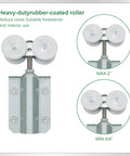 Close-up of heavy-duty rubber-coated roller with dimensions for Rugged Galvanized Steel Exterior Double Sliding Barn Door Hardware Kit For Outdoor Use