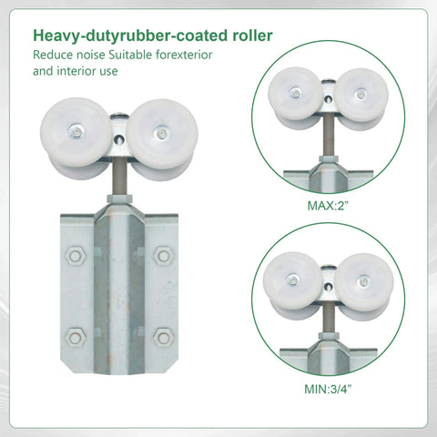 Close-up of heavy-duty rubber-coated roller with dimensions for Rugged Galvanized Steel Exterior Double Sliding Barn Door Hardware Kit For Outdoor Use