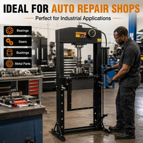 Heavy Duty Air Hydraulic Shop Press With Foot Pedal, 30 tons, used for bearing swaps in auto repair shop.