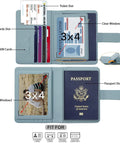 Open RFID Passport Holder Travel Wallet For Women And Men With RFID Blocking And Double Card Slots Plus Clear Window Pockets Cute Green Passport Cover Case showing card and passport slots.