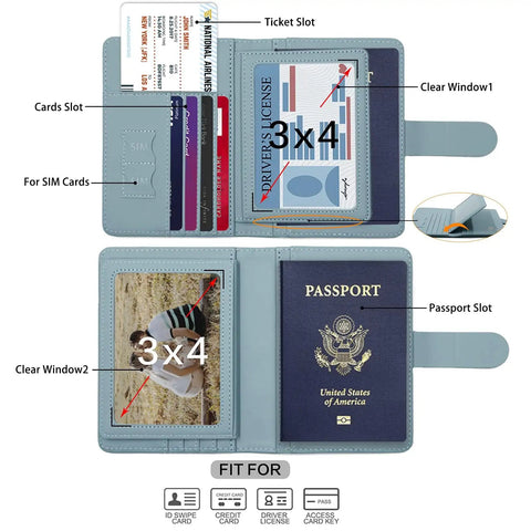 Open RFID Passport Holder Travel Wallet For Women And Men With RFID Blocking And Double Card Slots Plus Clear Window Pockets Cute Green Passport Cover Case showing card and passport slots.