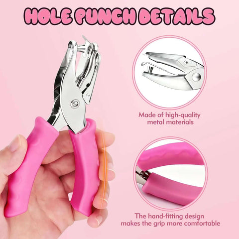 Two Size Single Hole Punch Set With One Quarter Inch And One Eighth Inch, Handy Pink Soft Grip Handheld Paper Punch for detailed view