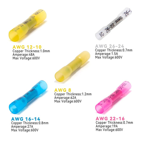 Blue Heat Shrink Butt Connectors For 16 14 AWG Wiring shown among various AWG butt connectors with specifications.