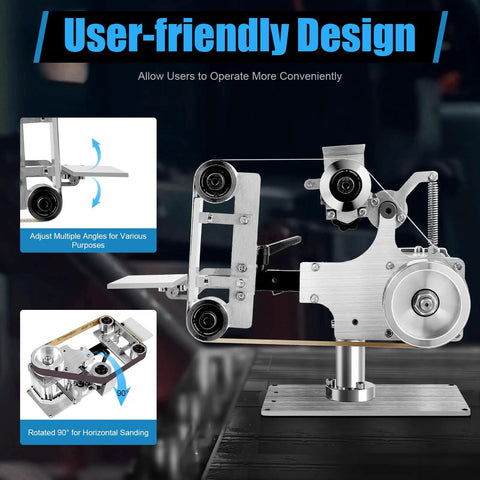 Versatile Heavy Duty Benchtop Belt Sander 550 Watt Motor Variable Speed Control with adjustable angle feature.