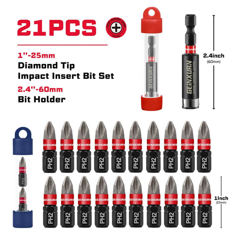 Diamond Coated Impact Screwdriver Bit Set With 20 PH2 1 Inch Insert Driver Bits Magnetic S2 Steel Tips Includes 2 Point 5 Inch Bit Holder Built For Tough Jobs And Everyday Home DIY Projects.