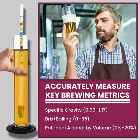 Glass Triple Scale Hydrometer Kit For Testing Specific Gravity Brix And ABV In Wine Beer Mead And Kombucha With Microfiber Cloth And Storage Case Aimed At Homebrew Enthusiasts Of All Skill Levels in test jar