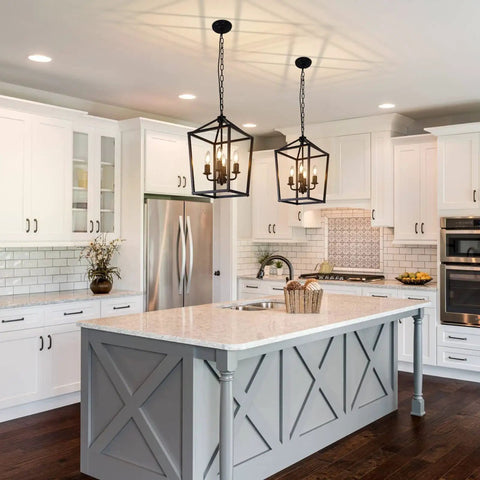 4 Light Black Farmhouse Chandelier With Open Iron Lantern Frame in modern kitchen with white cabinets and grey island