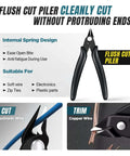 Flush cut plier with internal spring design for cutting electronics, zip ties, and wires, shown trimming copper wire.