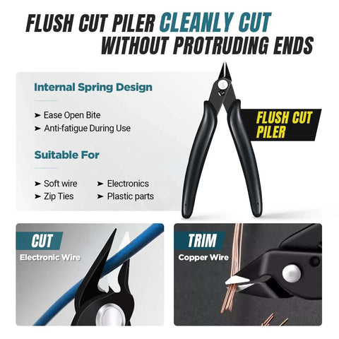 Flush cut plier with internal spring design for cutting electronics, zip ties, and wires, shown trimming copper wire.