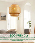Boho Rattan Pendant Light With Natural Bamboo Lantern Shade Rustic Wicker Chandelier hanging in modern bedroom